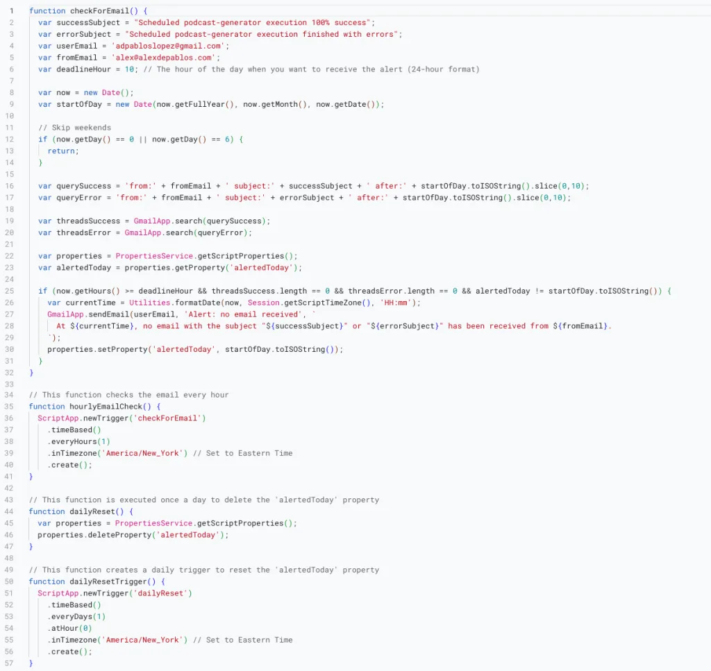 Code of the email alert system with Google App Script